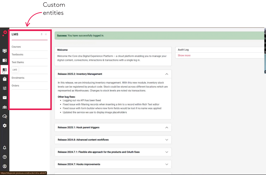 LMS dashboard interface showing welcome message and menu options like courses and textbooks.