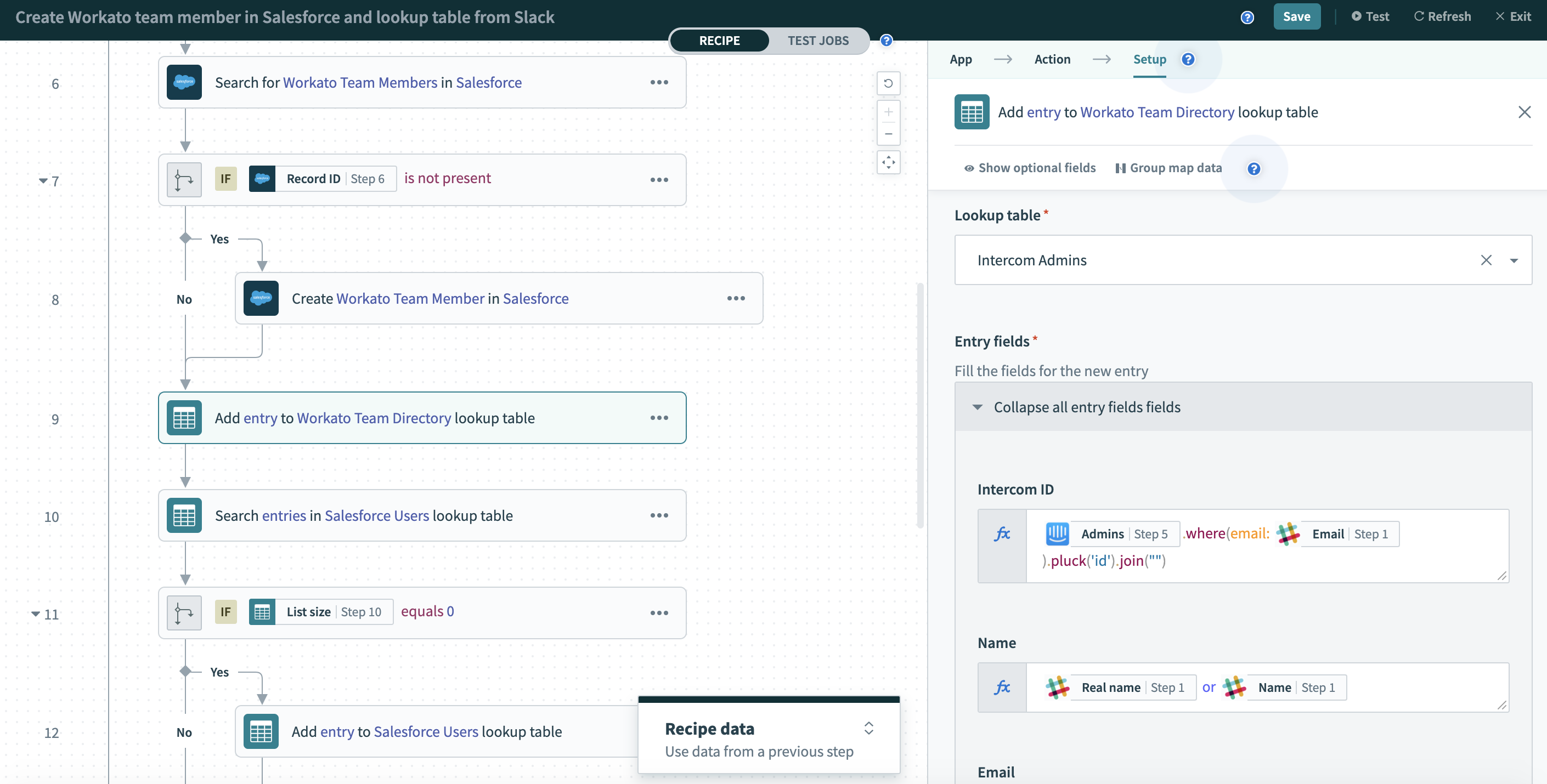 Flowchart showing Workato recipe for creating team members in Salesforce and lookup table from Slack.