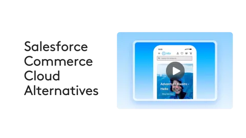 Salesforce Commerce Cloud alternatives text with mobile app preview on blue back