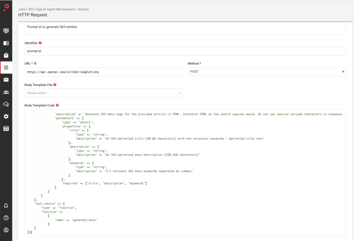 HTTP request setup with prompt AI for SEO microservice in software interface
