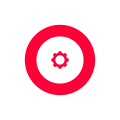 Red gear icon on a white background