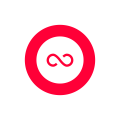 Red infinity symbol inside a red circle on a white background.