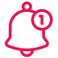 Red outline notification bell icon with number one indicator