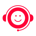 Red smiley face with headphones icon on white background