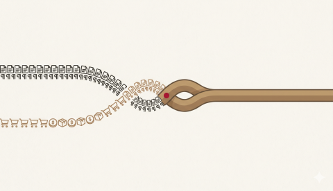Illustration of digital transformation with document and shopping cart icons merging into a streamlined process.